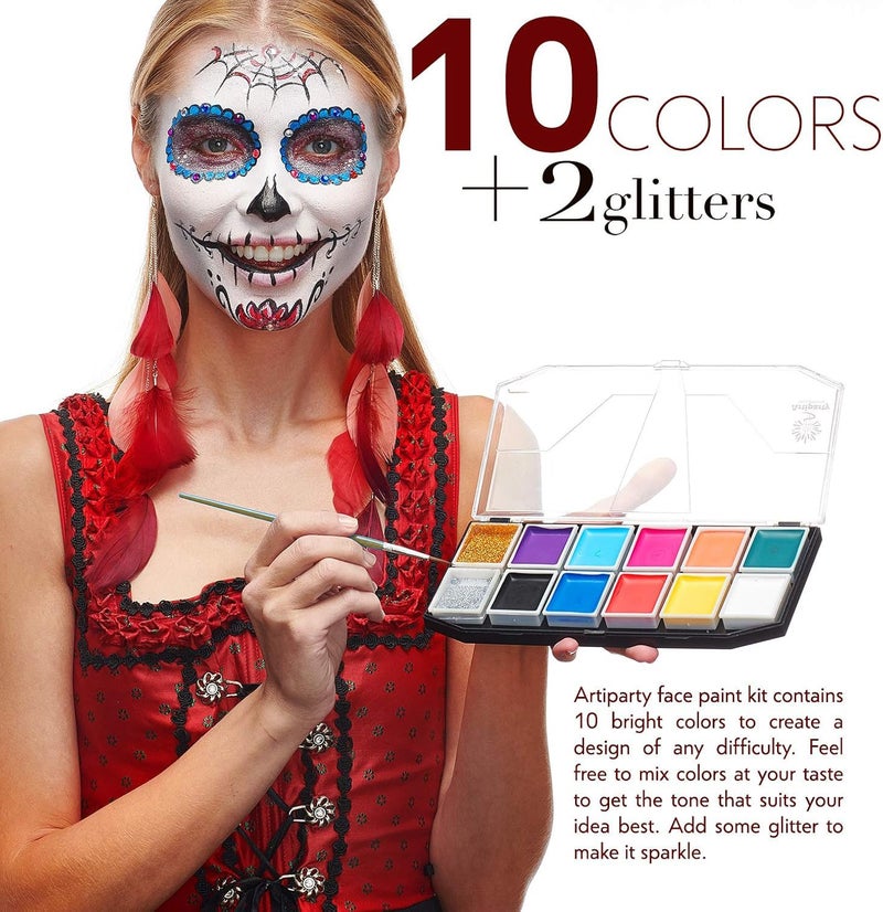 Artiparty Face Paint Kit â€“ Non-Toxic & Hypoallergenic â€“ Professional Face Painting Kit for Kids & Adults â€“ Cosplay Makeup Kit â€“ Easy to Apply & Remove â€“ Leakproof Dry Glitters - Image 2